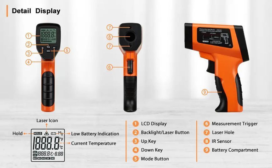 Пірометр Inkbird INK-IFT01, інфрачервоний безконтактний термометр -50&deg;C ~ 550&deg;C, лазерний термометр для кухні та промисловості INK-IFT01 фото