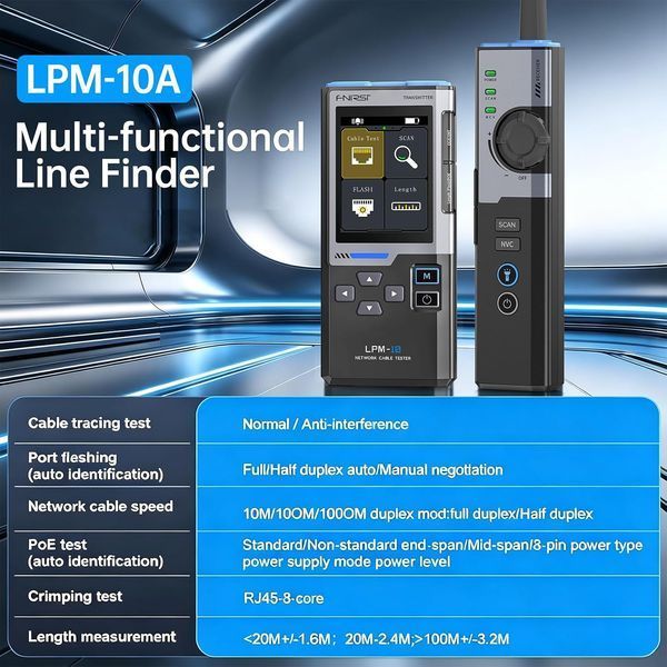 Мережевий тестер FNIRSI LPM-10A з трасошукачем кабелю RJ45/RJ11, PoE, NCV, TFT 2.4", USB Type-C, 1500 мАг LPM-10A фото