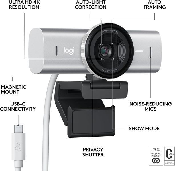 Веб-камера Logitech MX Brio 4K Pale Grey (960-001550) 960-001550 фото